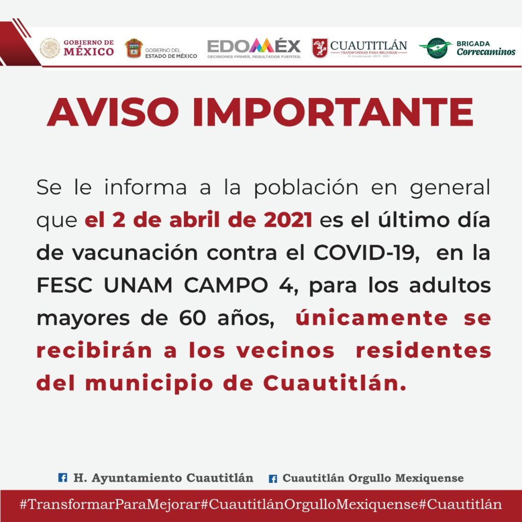 Aviso de fin de vacunación en Cuautitlán