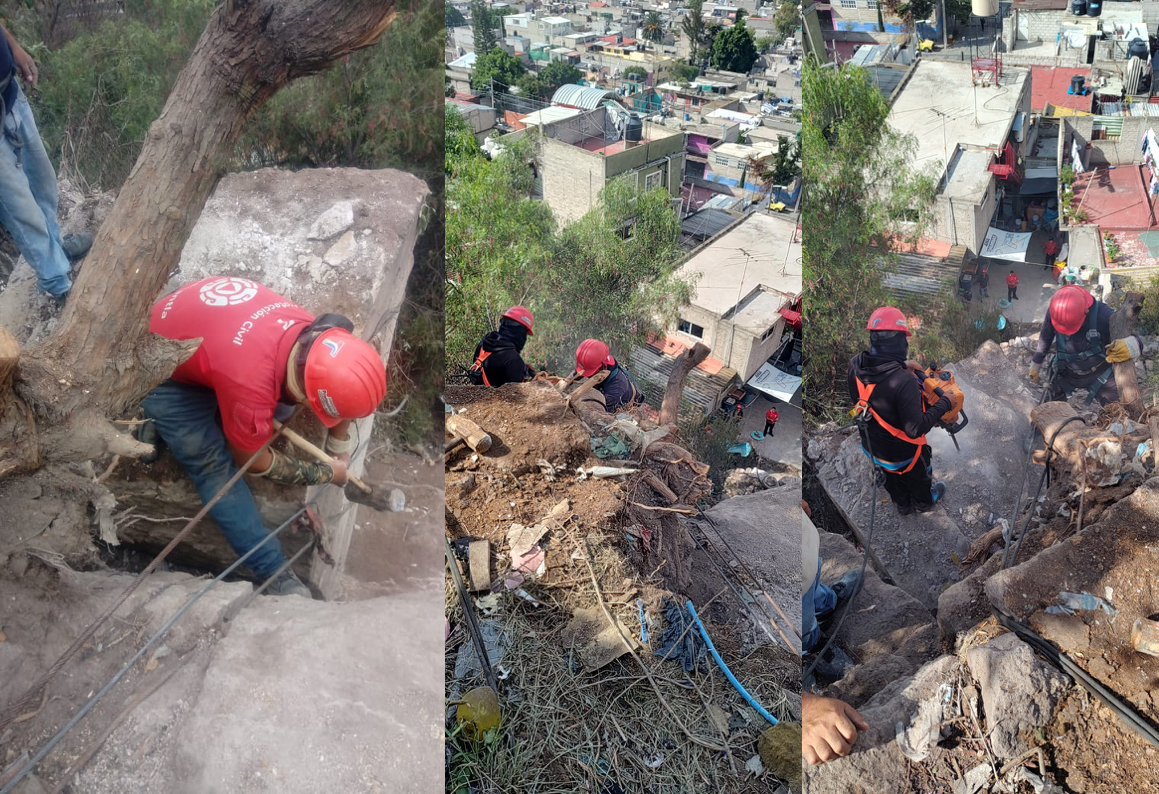 Especialistas y trabajadores demuelen y asuran rocas para evitar que caigan en casas en Tlalnepantla