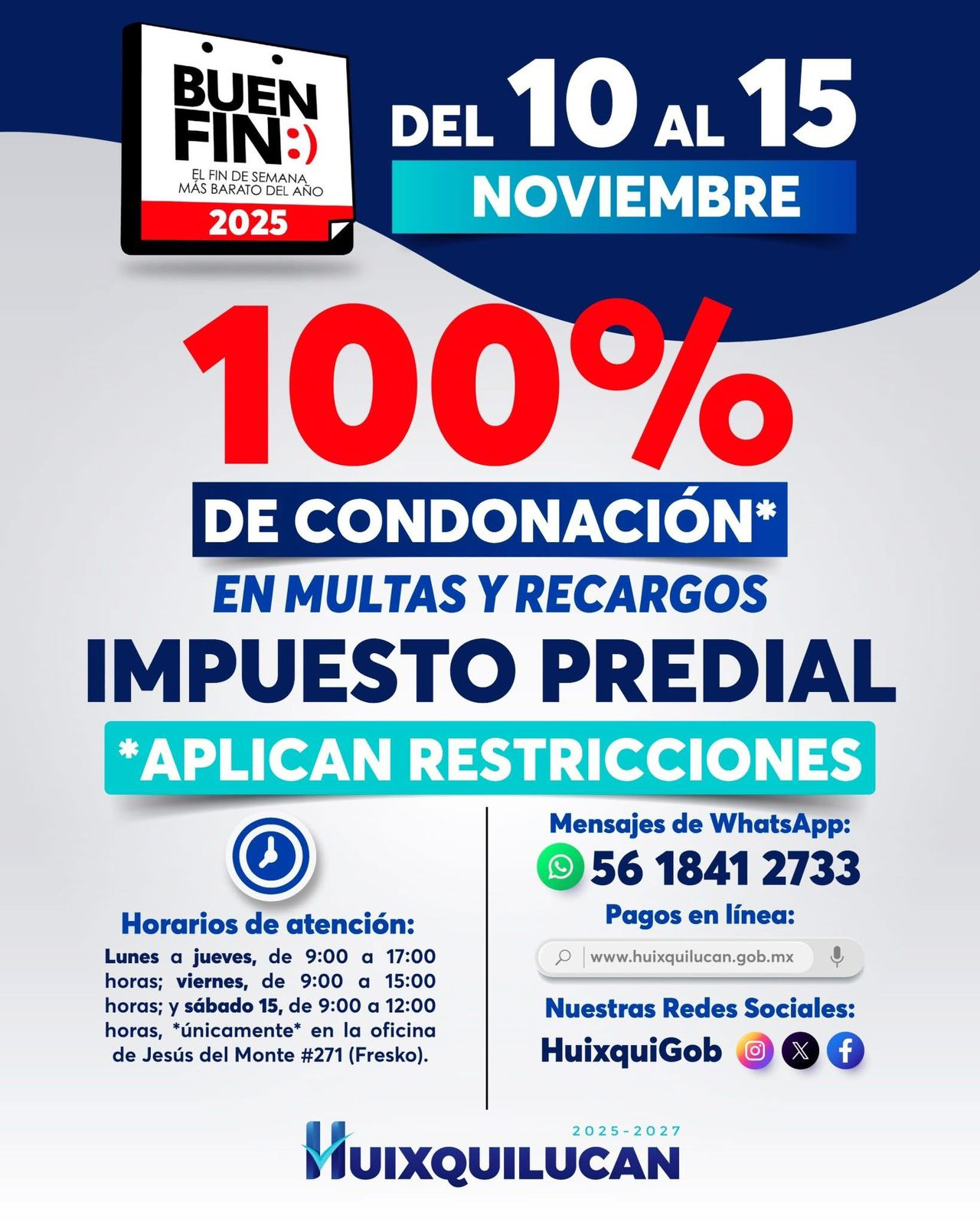 Descuentos de entre 50 y 100 en recargos y multas en pago de predial y agua en Huixquilucan