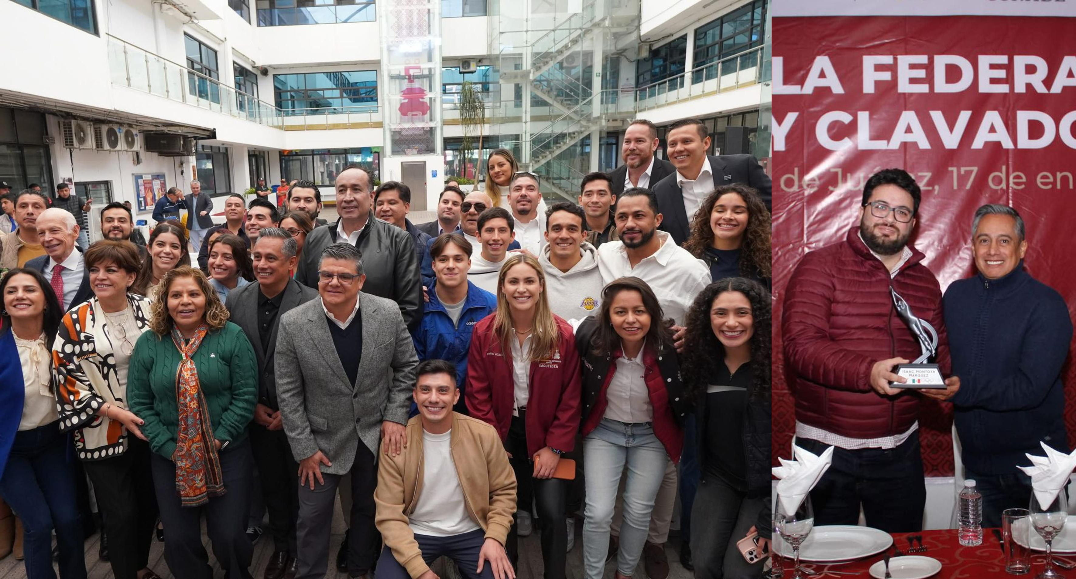 Clavadistas olímpicos con el alcalde de Naucalpan, Isaac Montoya, como Fernando Platas, Romel Pacheco, Marijose Alcalá