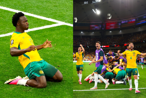 Nestory Irankunda festeja primer gol de Australia 2 sobre Turquía 0