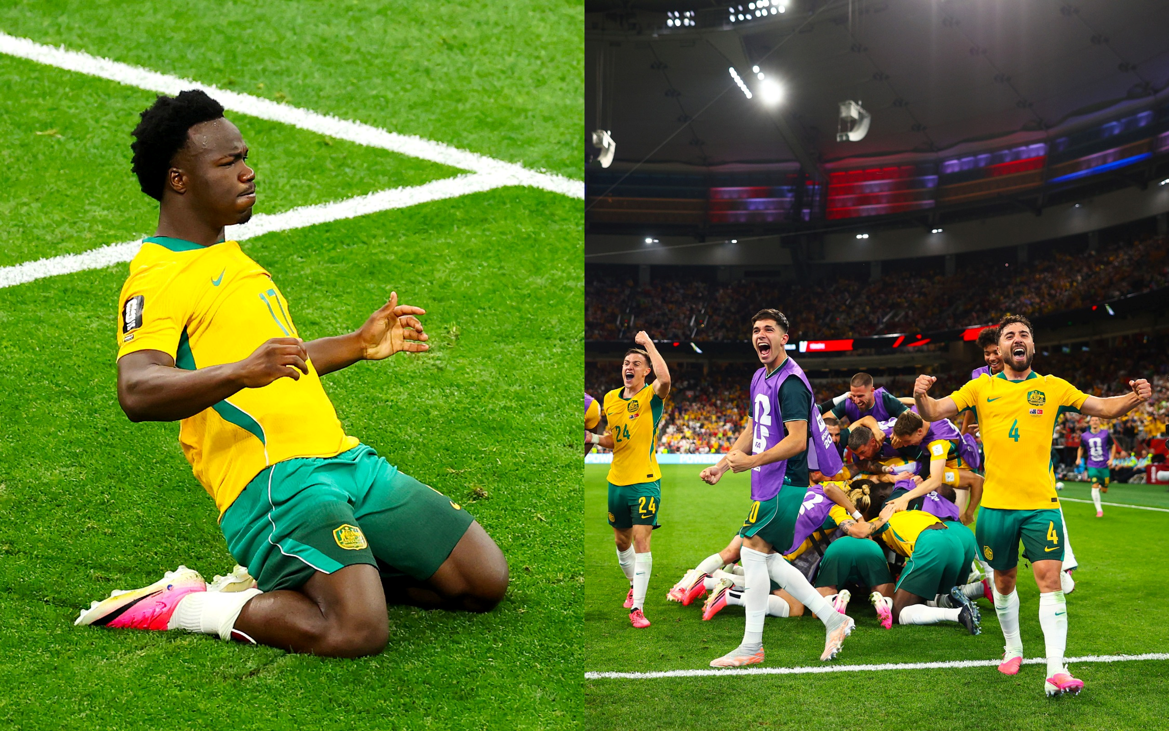 Nestory Irankunda festeja primer gol de Australia 2 sobre Turquía 0