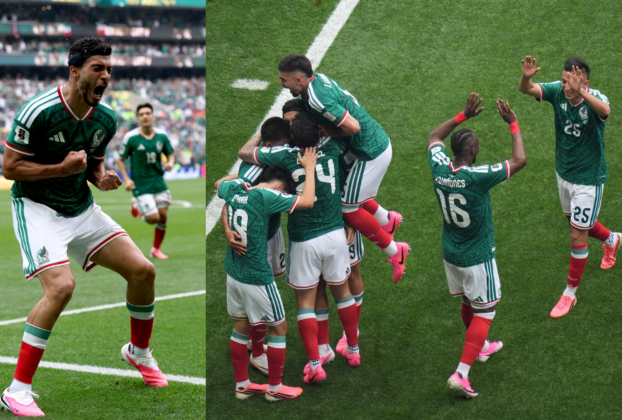 Raúl Jiménez y Julián Quiñónez festejan sus anotaciones con las que México ganó su primer partido