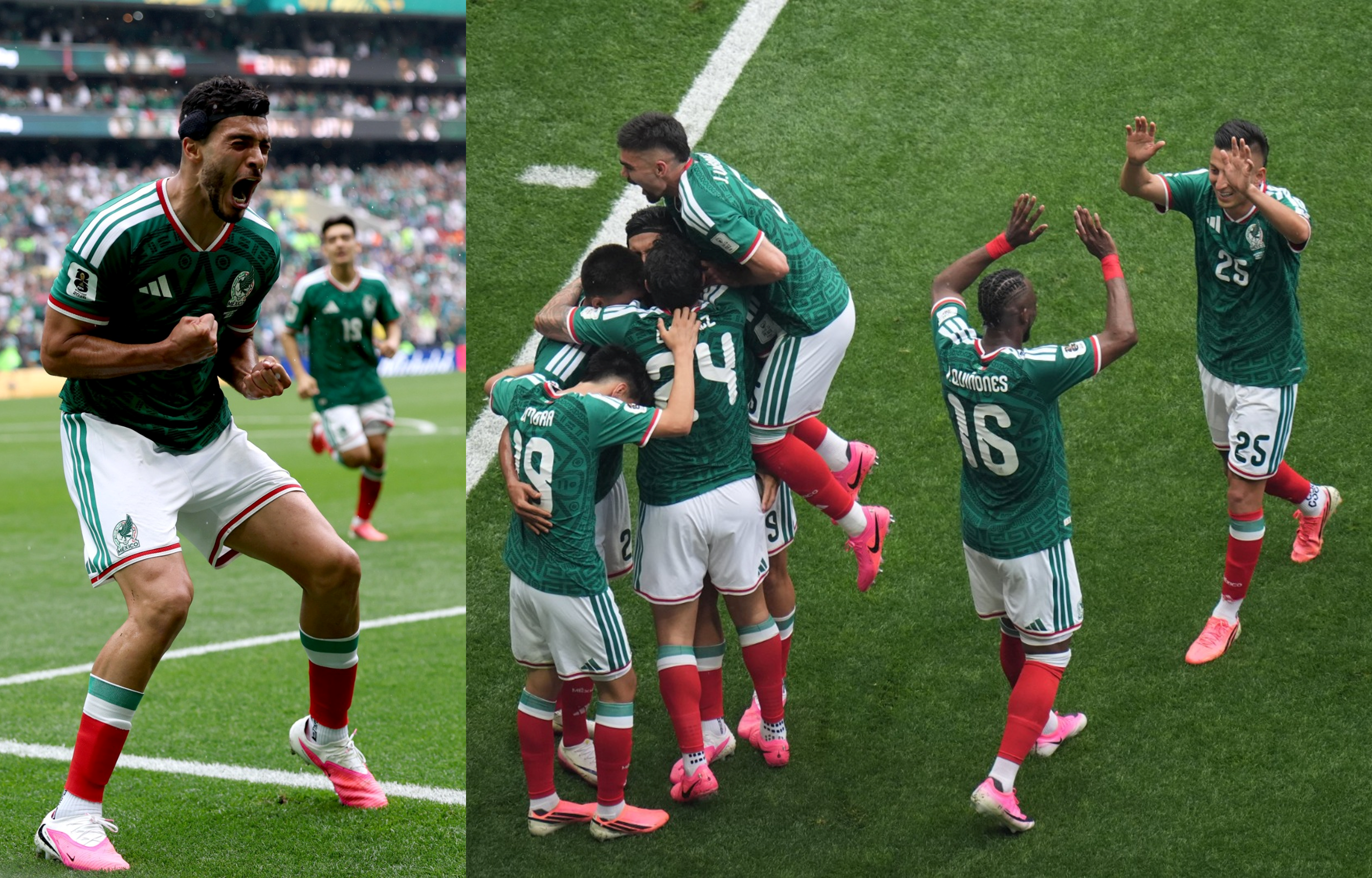 Raúl Jiménez y Julián Quiñónez festejan sus anotaciones con las que México ganó su primer partido