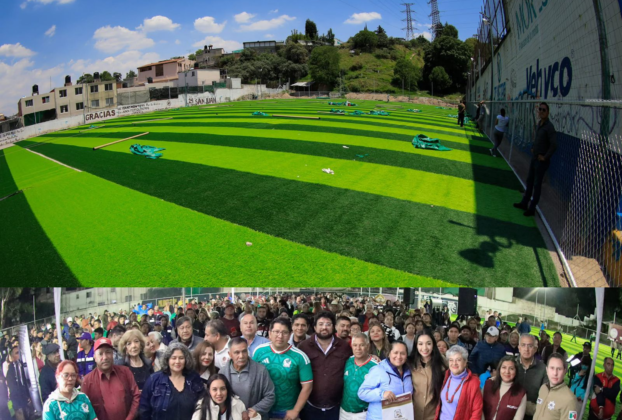Cancha rehabilitada con iluminación en San Juan Totoltepec por gobierno de Naucalpan, Isaac Montoya Márquez