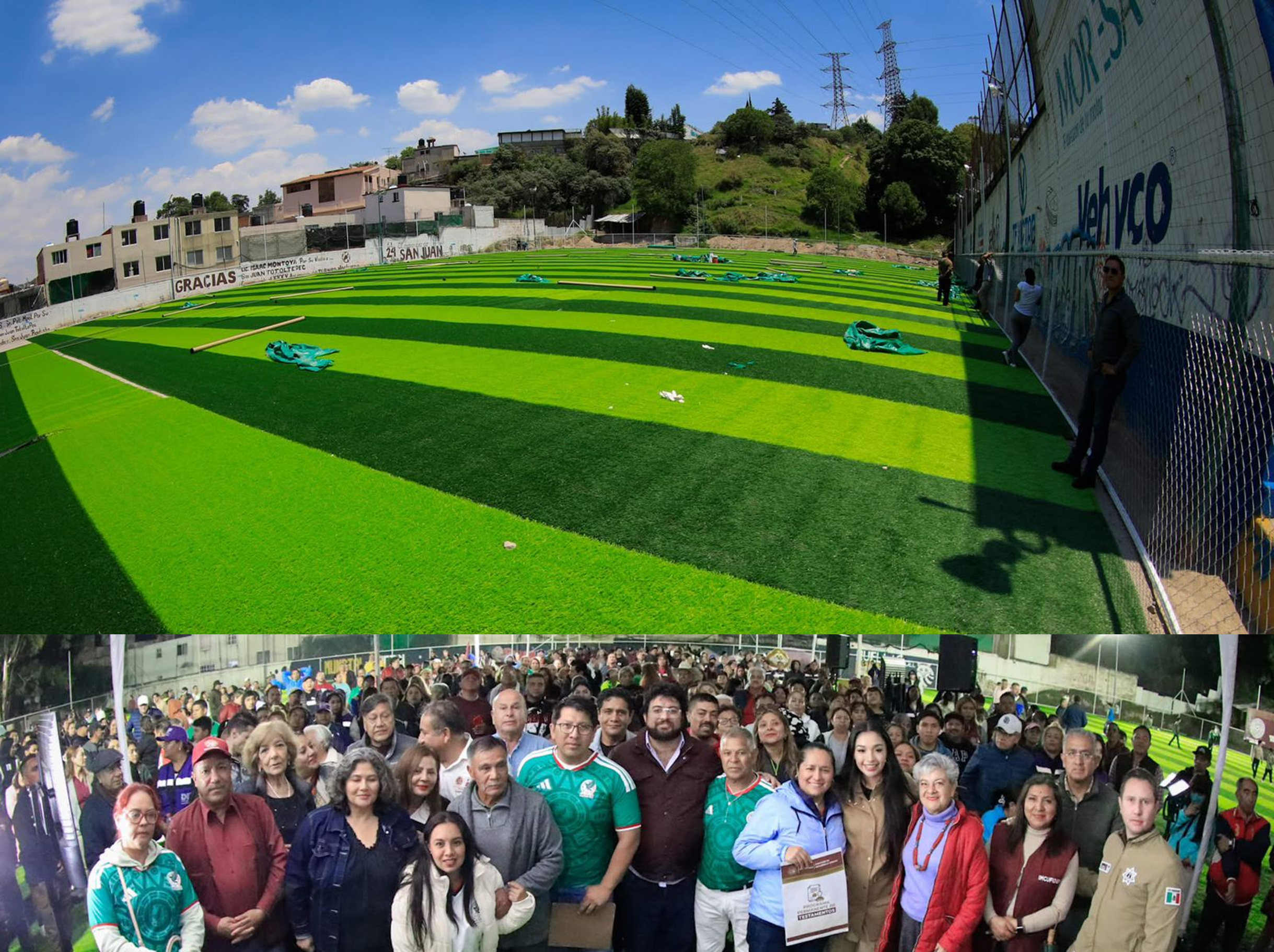 Cancha rehabilitada con iluminación en San Juan Totoltepec por gobierno de Naucalpan, Isaac Montoya Márquez