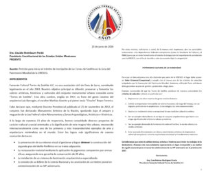 Carta a la presidenta de México Claudia Sheinbaum Pardo de Fomento Cultural torres de Satélite