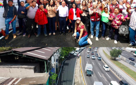 Habitantes de Zona Oriente, el alcalde Raciel Pérez Cruz y más funcionarios de Tlalnepantla en la inauguración de repavimentación de lateral de autopista México Pachuca en San Juanico