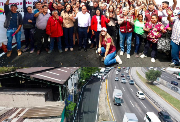 Habitantes de Zona Oriente, el alcalde Raciel Pérez Cruz y más funcionarios de Tlalnepantla en la inauguración de repavimentación de lateral de autopista México Pachuca en San Juanico
