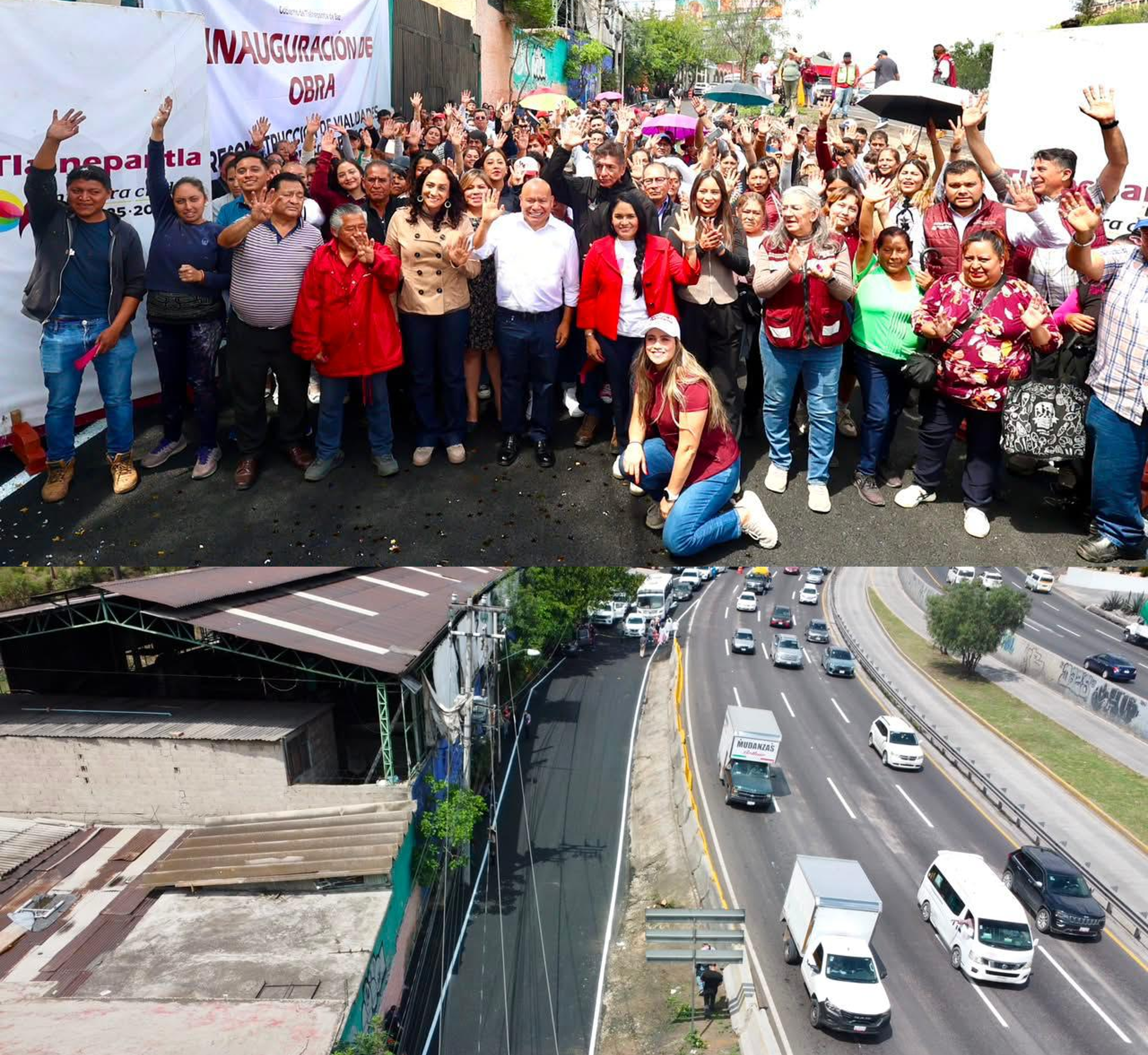 Habitantes de Zona Oriente, el alcalde Raciel Pérez Cruz y más funcionarios de Tlalnepantla en la inauguración de repavimentación de lateral de autopista México Pachuca en San Juanico