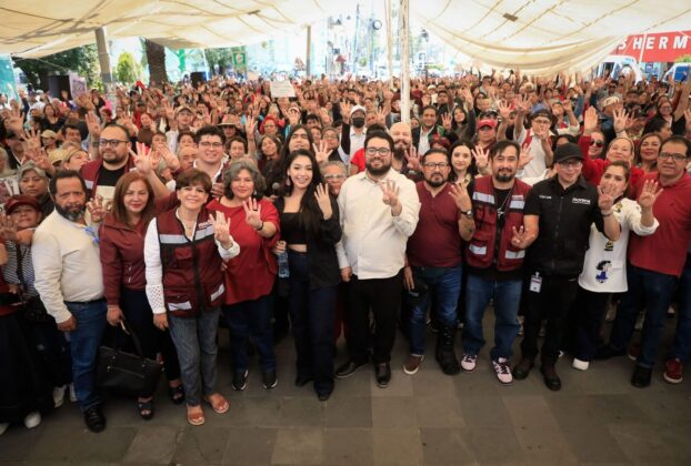 Dirigentes y militantes de partido MORENA en acto para apoyar a Presidenta Claudia Sheinbaum Pardo